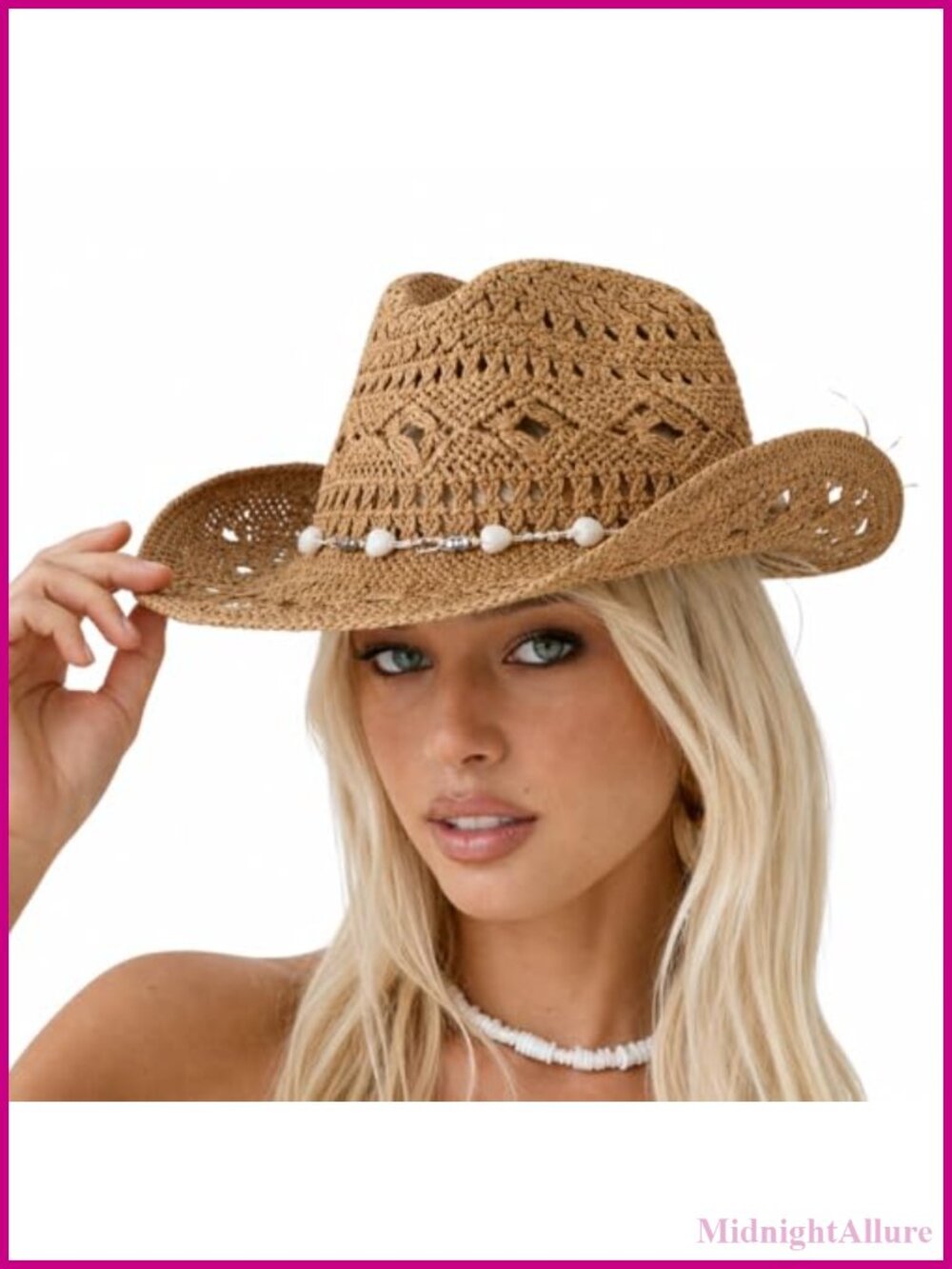Straw Cowboy Hat Womens Wide Brim Sun Protection Western Beach Hat Chain